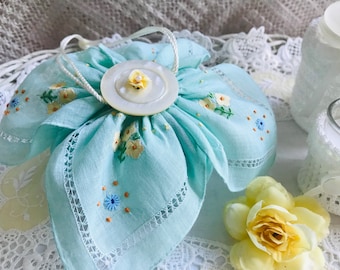 Aqua & Yellow Flower-Like Hankie Sachet, Lavender Scented Closet Sachet, Hanging Embroidered Sachet, Doorknob Decoration, Vanity Tray Decor