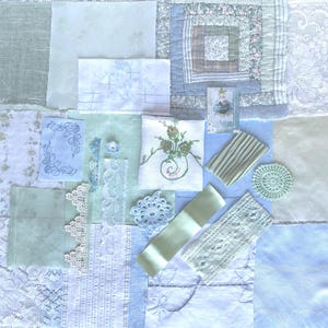Vintage Fabric & Trim Bundle, Green and Blue Textiles for Slow Stitching, Junk Journals, Mixed Media, Collage, Clothing Embellishment