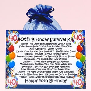 Kit de survie pour 40e anniversaire (bleu) ~ Cadeau fantaisie amusant et carte de voeux tout-en-un | Cadeau souvenir | Cadeau pour 40e anniversaire | Cadeau pour lui