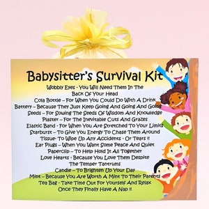 Babysitter Survival Kit ~ Einzigartiges Neuheit Geschenk & Grußkarte Alternative | Andenken Geschenk | Personalisierte Geburtstagsgeschenk | Vielen Dank