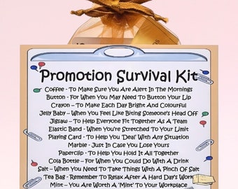 Kit de survie promotionnel ~ Alternative amusante au cadeau et à la carte | Cartes de voeux | Carte porte-bonheur personnalisée | Félicitations, nouvel emploi