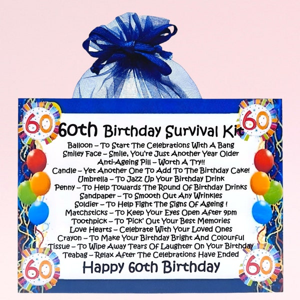 Kit de survie pour 60e anniversaire (bleu) ~ Cadeau fantaisie amusant et carte de voeux tout-en-un | Cadeau souvenir | Cadeau personnalisé pour 60e anniversaire