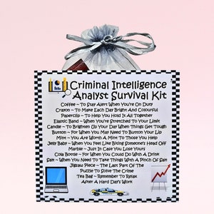 May include: A black and white card with the text "Criminal Intelligence Analyst Survival Kit" and a list of items with their uses. The items include coffee, crayon, paperclip, elastic band, candle, button, mint, jelly baby, marble, cola bottle, salt, jigsaw puzzle, and tea bag.