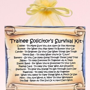 Kit de survie pour avocat stagiaire ~ Cadeau et carte fantaisie amusants | Cadeau d'anniversaire | Cartes de voeux | Cadeau de remerciement personnalisé pour un avocat