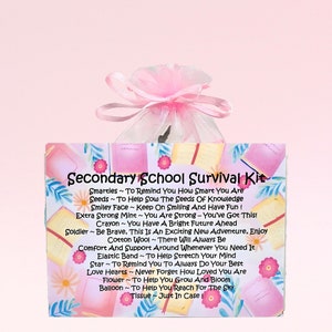 Trousse de survie pour école secondaire (rose) ~ Alternative amusante aux cartes-cadeaux | Présent | Cartes de voeux | Cadeau unique de fin d'année scolaire | Nouvelle école