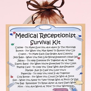 Kit de survie pour réceptionniste médical ~ Alternative amusante au cadeau et à la carte | Cadeau d'anniversaire | Cartes de voeux | Souvenir personnalisé unique