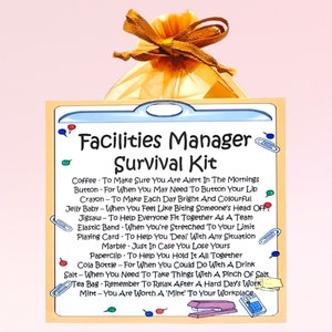 Kit de sobrevivência do gerente de instalações ~ Presente de novidade divertido e alternativa de cartão | Presente de aniversário | Cartões comemorativos | Lembrança personalizada