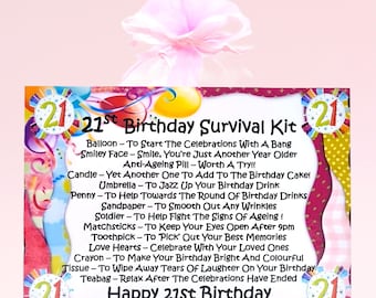 May include: A 21st Birthday Survival Kit with a pink bow. The kit includes a card with the text "21st Birthday Survival Kit" and a list of items like a balloon, smiley face, candle, umbrella, and more. The card has colorful accents.