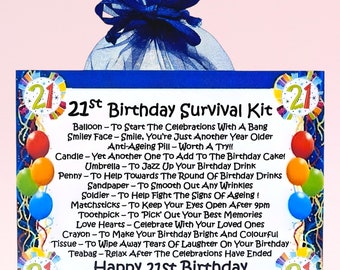 May include: A blue card with the text "21st Birthday Survival Kit" and a list of items, such as a balloon, a smiley face, a candle, an umbrella, a penny, sandpaper, a soldier, matchsticks, a toothpick, love hearts, a crayon, a tissue, and a teabag. The card is decorated with colorful balloons and the number "21" in a circle.