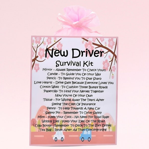 New Driver Survival Kit PINK ~ Fun Novelty Congratulations Gift & Keepsake | Present | Greeting Cards | Passing Driving Test | Quirky Gift