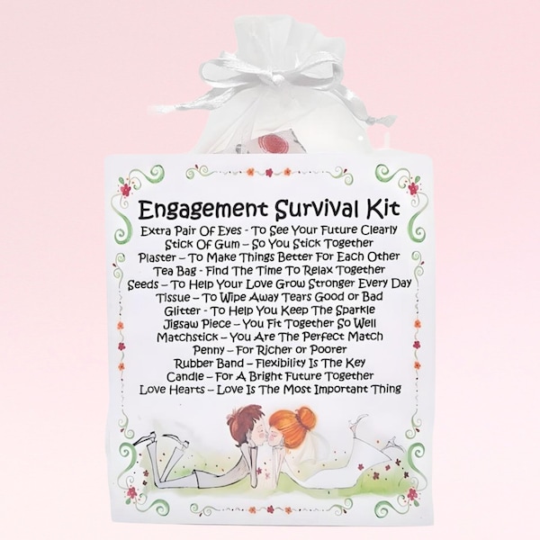 Kit de survie pour fiançailles ~ Cadeau fantaisie unique et carte de voeux | Cadeau de fiançailles | Félicitations | Souvenir personnalisé