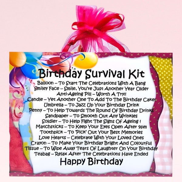 Verjaardag Survival Kit (roze) ~ Leuk nieuwigheid cadeau & wenskaart alternatief | Fijne verjaardag | Unieke gepersonaliseerde verjaardagsaandenken