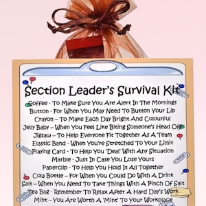 Kit de sobrevivência do líder de seção ~ Presente de novidade divertido e alternativa de cartão | Presente de aniversário | Cartões comemorativos | Lembrança personalizada
