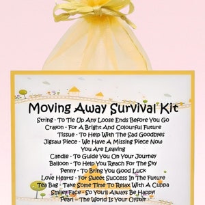 Kit de survie pour déménagement ~ Cadeau fantaisie amusant | Bonne chance | Cadeau d'adieu et souvenir | Émigrer | Désolé, vous partez