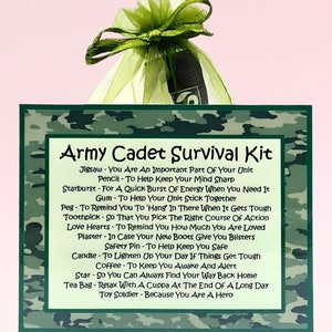 Trousse de survie des cadets de l'Armée ~ alternative amusante au cadeau et à la carte | Cadeau d'anniversaire | Cartes de voeux | Souvenir personnalisé de l'armée porte-bonheur