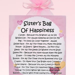 Bolsa de felicidad para hermanas ~ Regalo y tarjeta novedosos y divertidos / Regalo de cumpleaños / Tarjetas de felicitación / Regalo personalizado para una hermana / Recuerdo de una hermana