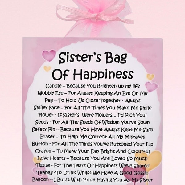 Sister's bag of Happiness ~ Fun Novelty Gift & Card | Birthday Present | Greeting Cards | Personalised Gift for a Sister | Keepsake