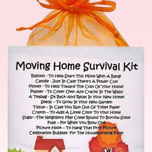 Kit de survie pour déménagement ~ Alternative amusante au cadeau et à la carte | Bonne chance | Souvenir | Cadeau pour maison neuve | Cadeau de déménagement personnalisé