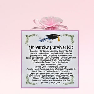 University Survival Kit (roze) ~ Leuk nieuw cadeau en kaartalternatief | Wenskaarten | Gepersonaliseerd gelukscadeau universiteit | Aandenken
