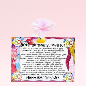 Kit di sopravvivenza per l'80° compleanno (rosa) ~ Divertente regalo originale e biglietto d'auguri tutto in uno / Regalo ricordo / Regalo personalizzato per l'80° compleanno