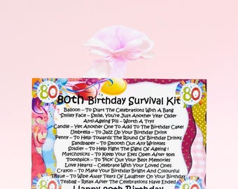 Överlevnadskit för 80-årsdag (rosa) ~ Rolig present och hälsningskort allt i ett | Minnesgåva | Personlig 80-årspresent