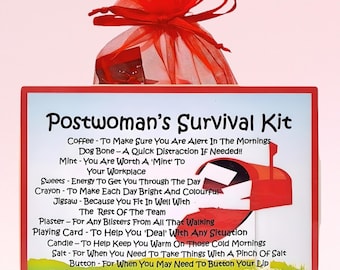 May include: A red and white gift bag filled with a Postwoman's Survival Kit. The kit includes coffee, a dog bone, a mint, sweets, a crayon, a jigsaw puzzle, a plaster, a playing card, a candle, salt, a button, and a tea bag. The bag has a red and white mailbox design with the text "Postwoman's Survival Kit" on the front.