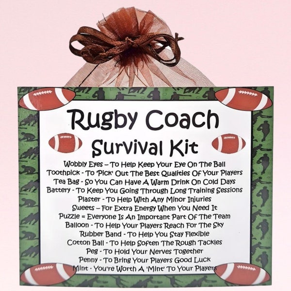 Kit de survie pour entraîneur de rugby ~ Alternative amusante au cadeau et à la carte | Cadeau d'anniversaire | Cartes de voeux | Cadeau personnalisé pour un entraîneur de rugby