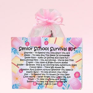 Senior School Survival Kit (Pink) ~ Lustiges Geschenk & Kartenalternative | Glücksbringer | Grußkarten | Personalisiertes neues Schulgeschenk