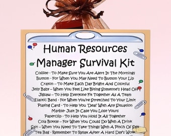 May include: A light orange card with blue and white borders. The card has the text "Human Resources Manager Survival Kit" in black text. The card lists a variety of items and their uses, such as coffee, a button, a crayon, a jelly baby, a jigsaw puzzle, an elastic band, a playing card, a marble, a paperclip, a cola bottle, salt, a tea bag, and a mint.