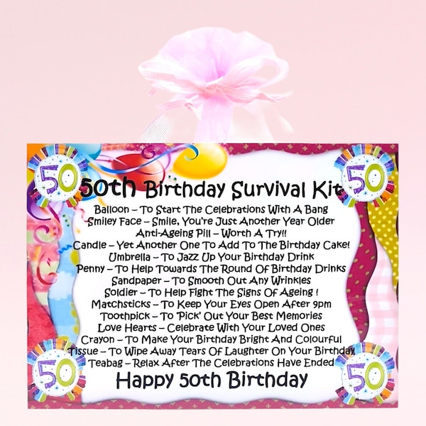 50th Birthday Survival Kit (Pink) ~ Fun Novelty Gift & Greetings Card Alternative | Personalised Keepsake Gift | 50th Birthday Present