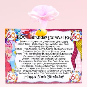Kit de survie pour 60e anniversaire (rose) ~ alternative amusante aux cadeaux et aux cartes de voeux | Cadeau souvenir | Cadeau personnalisé pour 60e anniversaire