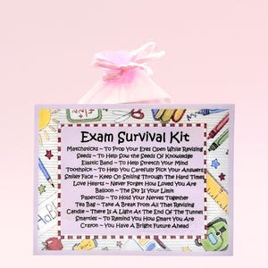 Kit de survie à l'examen (rose) ~ Cadeau fantaisie amusant et alternative à la carte | Cadeau porte-bonheur | Carte de voeux et souvenir de bonne chance | Examen Bonne chance