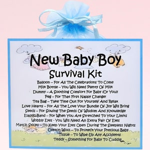 Nouveau kit de survie pour bébé garçon ~ carte-cadeau fantaisie et souvenir | Félicitations à la naissance | Nouveaux parents | Cadeau personnalisé pour baby shower