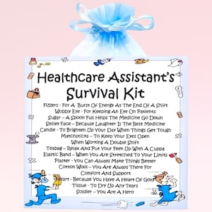 May include: A blue and white card with the text "Healthcare Assistant's Survival Kit" and a list of items with descriptions. The card features a cartoon illustration of a healthcare assistant running.