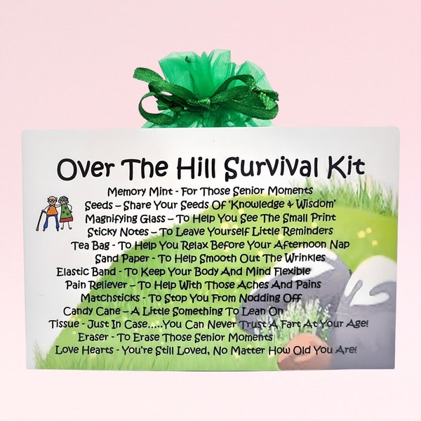 Over The Hill Survival Kit ~ Leuk nieuwigheidscadeau & kaartalternatief | Veel geluk | Vaarwel aandenken | Gepersonaliseerde pensioen- of verjaardagscadeau