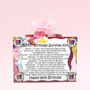 65th Birthday Survival Kit (Pink) ~ Fun Novelty Gift & Greetings Card Alternative | Keepsake Gift | Personalised 65th Birthday Gift