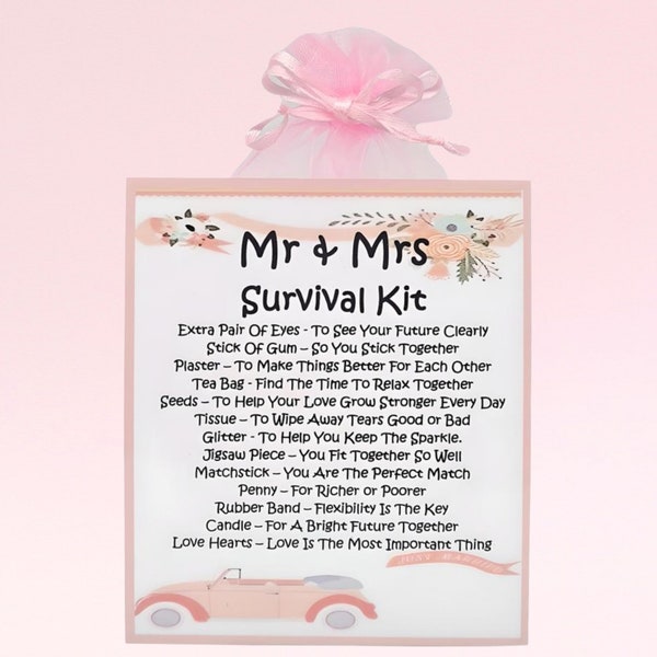 Mr & Mrs Survival Kit Pink ~ Unique Fun Novelty Wedding Gift and Keepsake | Civil Partnership | Personalised Gift for Newlyweds