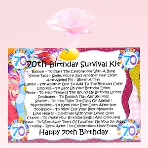 Kit de sobrevivência de 70º aniversário (rosa) ~ Presente de novidade divertido e alternativa de cartão de felicitações | Presente de lembrança | Presente de aniversário de 70º aniversário personalizado para ela