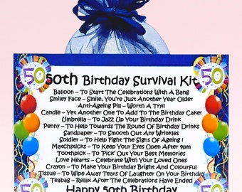 Kit de supervivencia para 50 cumpleaños (azul): regalo original y tarjeta de felicitación alternativa, regalo de recuerdo, regalo personalizado para 50 cumpleaños.