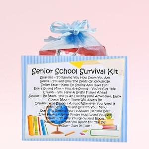 Kit de supervivencia para estudiantes de último año de secundaria ~ Regalo novedoso y divertido y alternativa de tarjetas / Regalo de buena suerte / Tarjetas de felicitación / Regalo personalizado para la vuelta al cole