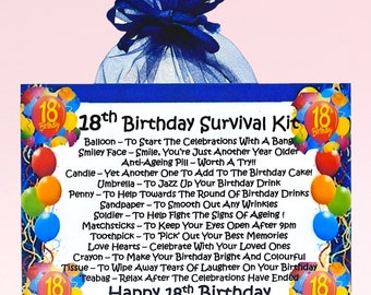 Kit de supervivencia para 18.º cumpleaños (azul): regalo divertido y novedoso, tarjeta de felicitación, recuerdo, regalo de 18.º cumpleaños, regalo de cumpleaños para él.