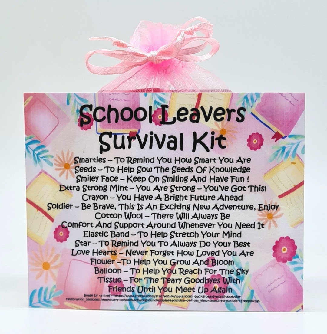 School Leaver's Survival Kit pink Fun Novelty Gift & Card Alternative ...