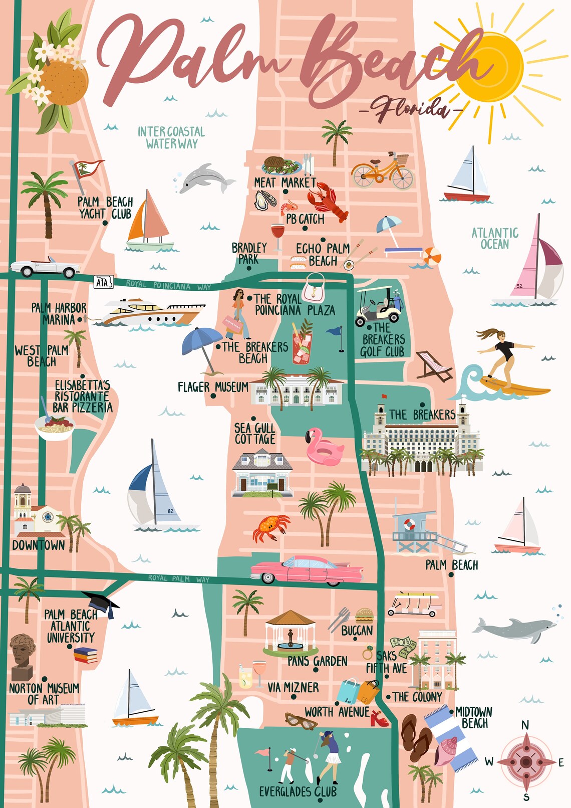 Palm Beach Map and Travel Guide Etsy UK