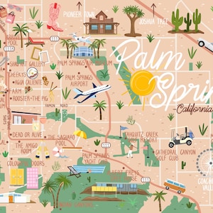 Puede incluir: Un mapa ilustrado y colorido de Palm Springs, California, con puntos de referencia como el aeropuerto de Palm Springs, Joshua Tree y la piscina Saguaro. El mapa incluye una rosa de los vientos y el texto "Palm Springs - California".