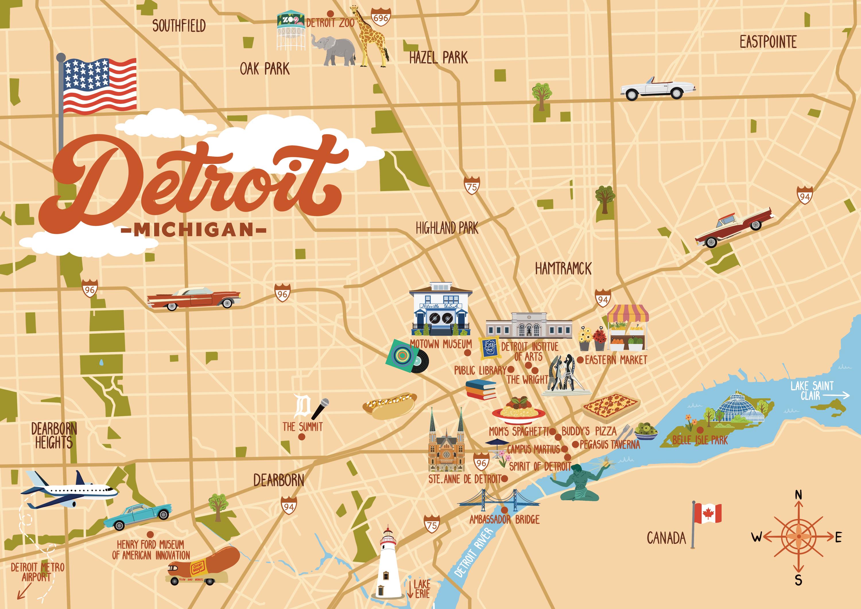 Detroit Map Blue Detroit - Map and Travel Guide - Etsy