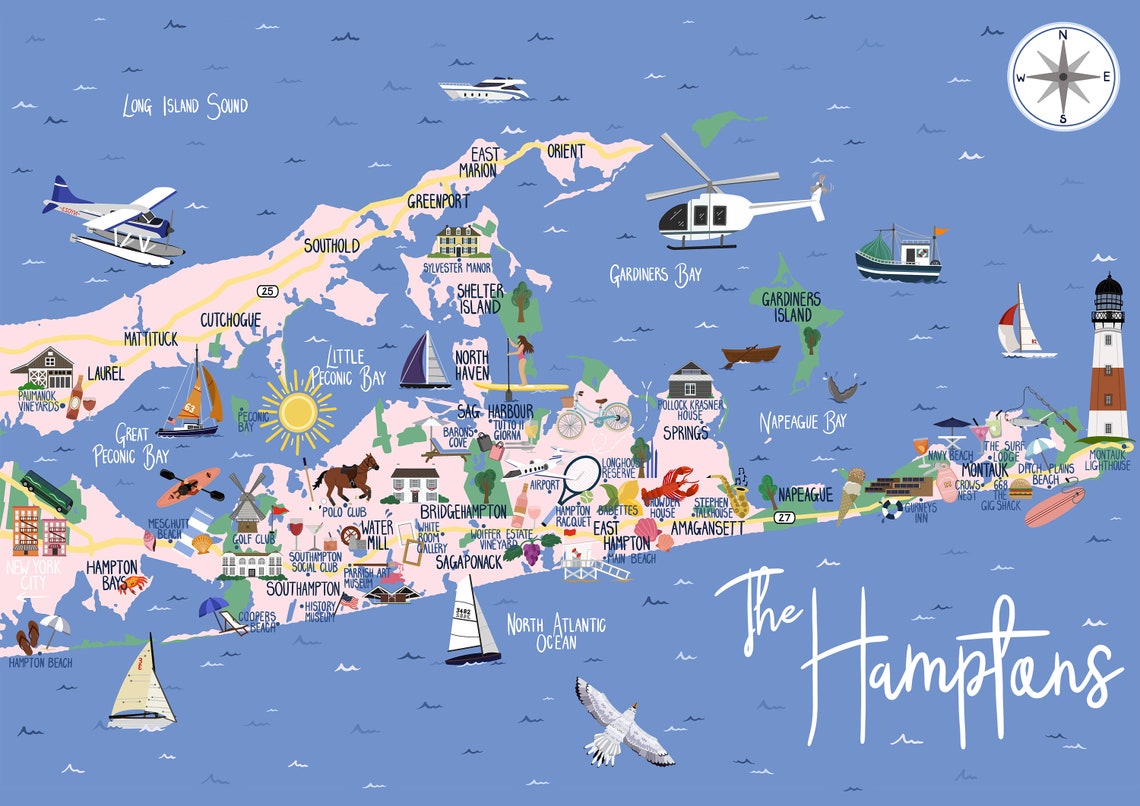 The Hamptons Map Print Etsy