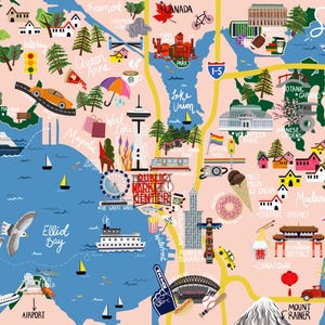 May include: Illustrated map of Seattle with landmarks like the Space Needle, Pike Place Market, and Mount Rainier. The map features colorful illustrations of the city's attractions, including boats, airplanes, and various icons.