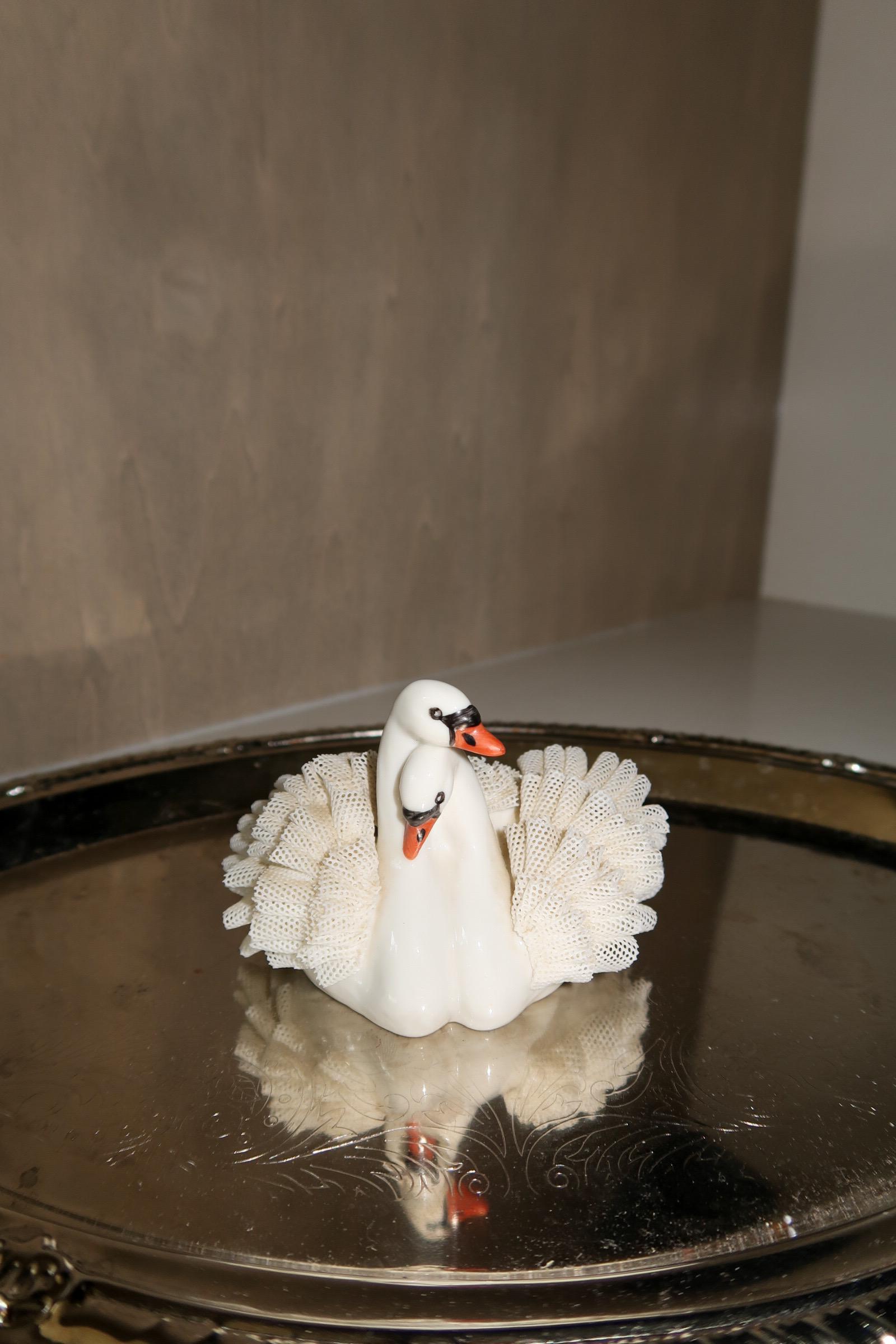 Irish Dresden Porcelain Lace Loving Swans Figurine, Vintage Swan