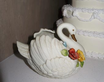 Irish Dresden Porcelain Lace Loving Swans Figurine, Vintage Swan