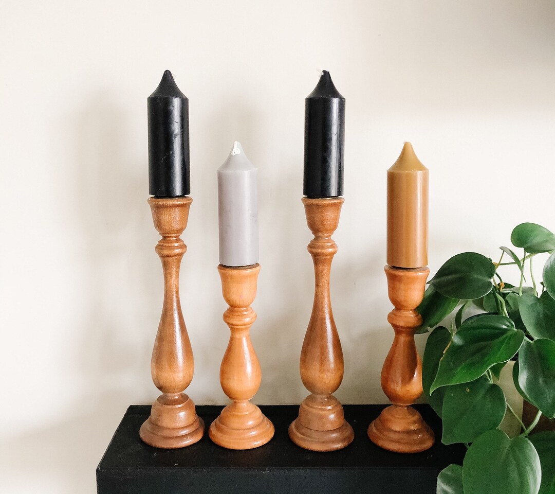 Vintage Wood Candlestick Holders Set of 4, MCM Wood Candlestick Holder